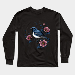 Black-Throated Blue Warbler with Rose Garden Flowers Long Sleeve T-Shirt