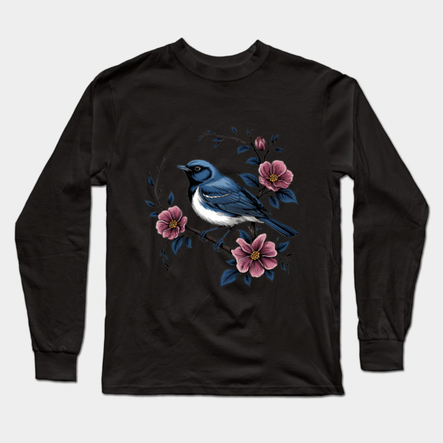 Black-Throated Blue Warbler with Rose Garden Flowers Long Sleeve T-Shirt by BirdsnStuff