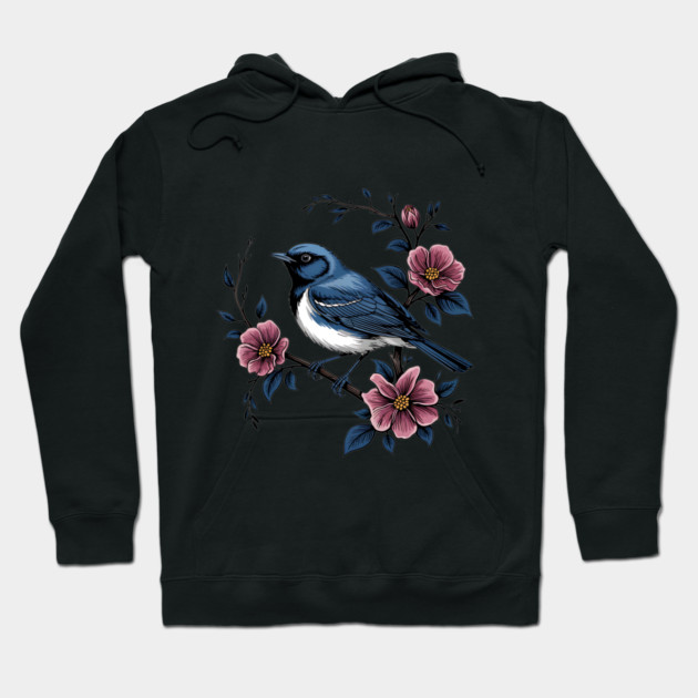 Black-Throated Blue Warbler with Rose Garden Flowers Hoodie by BirdsnStuff