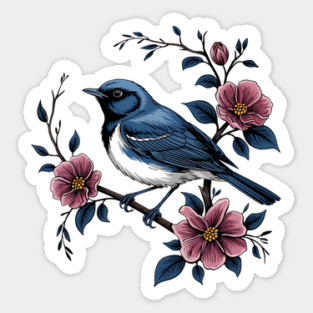 Black-Throated Blue Warbler with Rose Garden Flowers Sticker