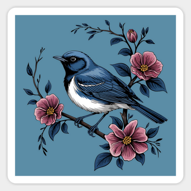 Black-Throated Blue Warbler with Rose Garden Flowers Magnet by BirdsnStuff