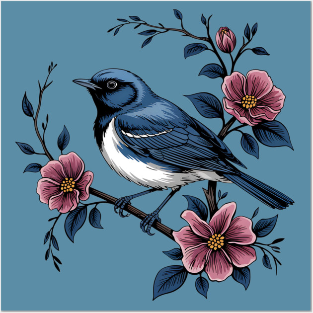 Black-Throated Blue Warbler with Rose Garden Flowers Wall Art by BirdsnStuff