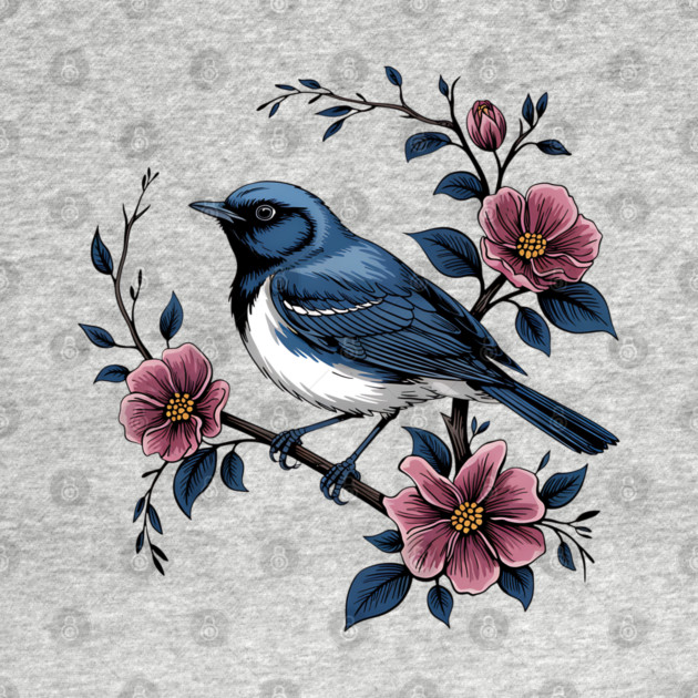 Black-Throated Blue Warbler with Rose Garden Flowers by BirdsnStuff