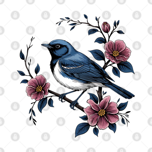 Black-Throated Blue Warbler with Rose Garden Flowers by BirdsnStuff