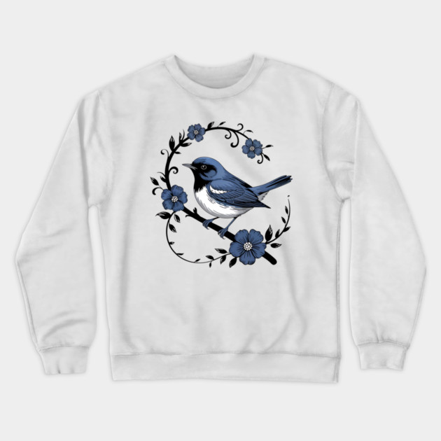 Vintage Floral Black-Throated Blue Warbler Illustration Crewneck Sweatshirt by BirdsnStuff