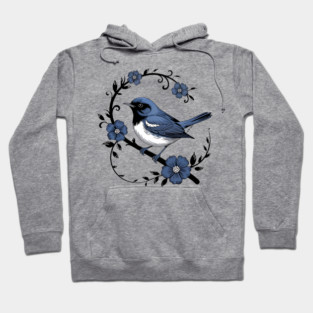 Vintage Floral Black-Throated Blue Warbler Illustration Hoodie