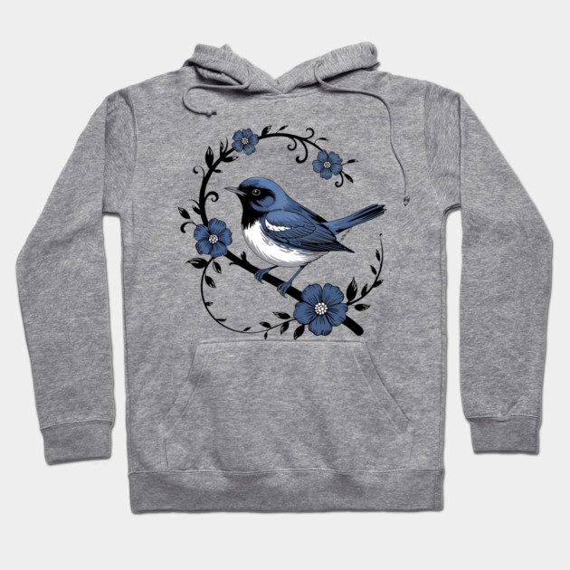 Vintage Floral Black-Throated Blue Warbler Illustration Hoodie by BirdsnStuff