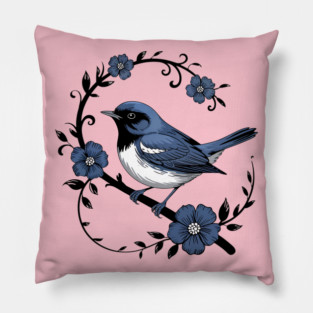 Vintage Floral Black-Throated Blue Warbler Illustration Pillow