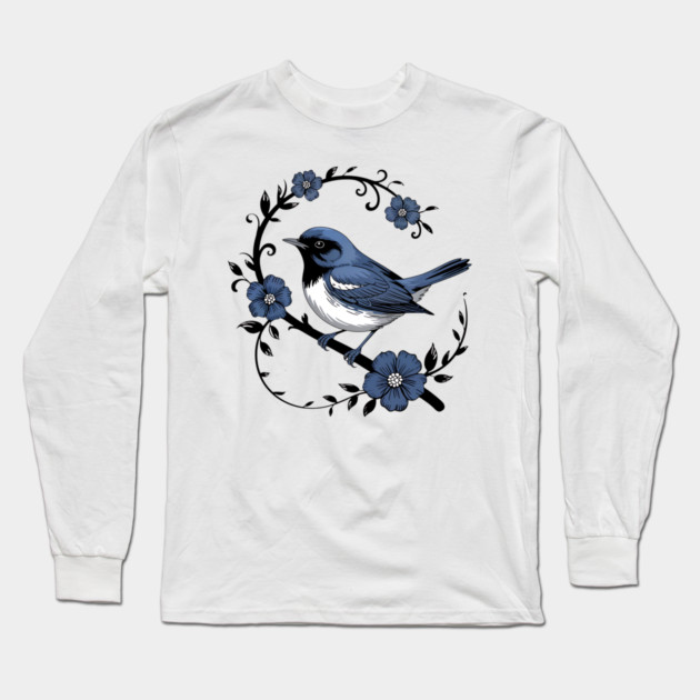 Vintage Floral Black-Throated Blue Warbler Illustration Long Sleeve T-Shirt by BirdsnStuff
