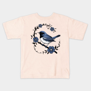 Vintage Floral Black-Throated Blue Warbler Illustration Kids T-Shirt