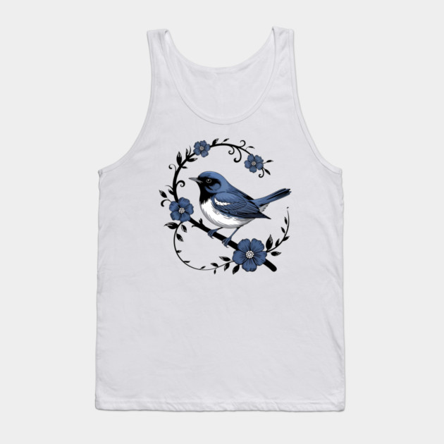 Vintage Floral Black-Throated Blue Warbler Illustration Tank Top by BirdsnStuff