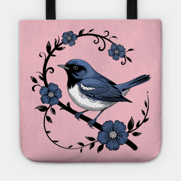 Vintage Floral Black-Throated Blue Warbler Illustration Tote by BirdsnStuff