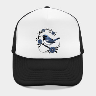 Vintage Floral Black-Throated Blue Warbler Illustration Hat