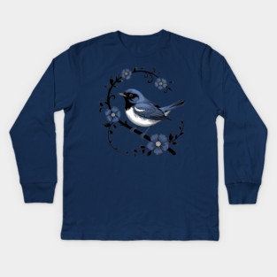 Vintage Floral Black-Throated Blue Warbler Illustration Kids Long Sleeve T-Shirt
