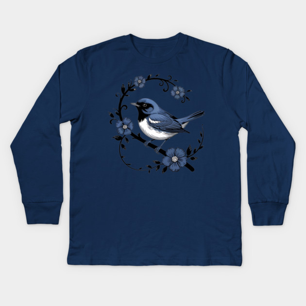 Vintage Floral Black-Throated Blue Warbler Illustration Kids Long Sleeve T-Shirt by BirdsnStuff