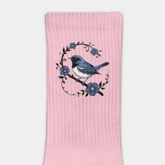 Vintage Floral Black-Throated Blue Warbler Illustration by BirdsnStuff