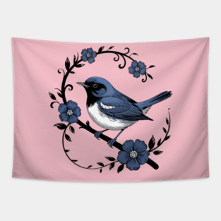 Vintage Floral Black-Throated Blue Warbler Illustration Tapestry