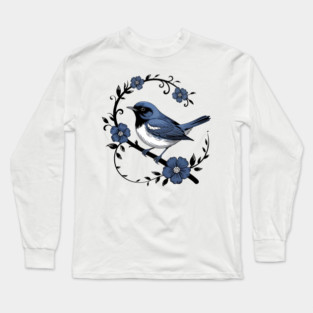Vintage Floral Black-Throated Blue Warbler Illustration Long Sleeve T-Shirt