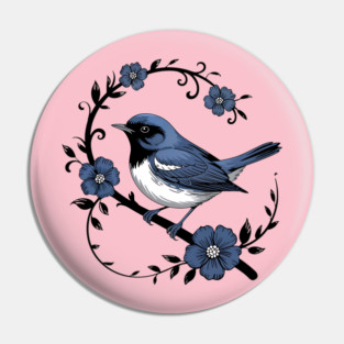 Vintage Floral Black-Throated Blue Warbler Illustration Pin