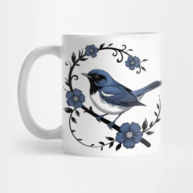 Vintage Floral Black-Throated Blue Warbler Illustration by BirdsnStuff