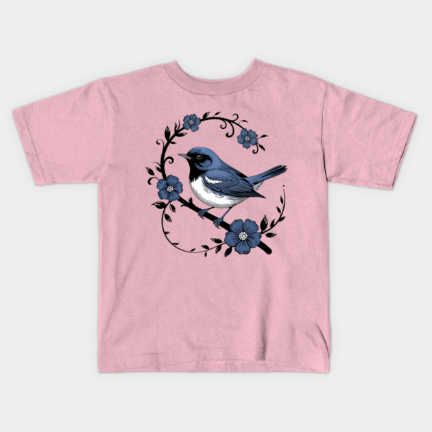 Vintage Floral Black-Throated Blue Warbler Illustration Kids T-Shirt by BirdsnStuff