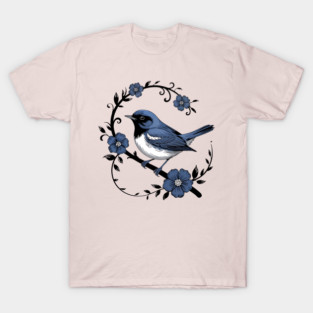 Vintage Floral Black-Throated Blue Warbler Illustration T-Shirt
