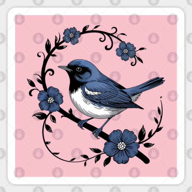 Vintage Floral Black-Throated Blue Warbler Illustration Sticker by BirdsnStuff