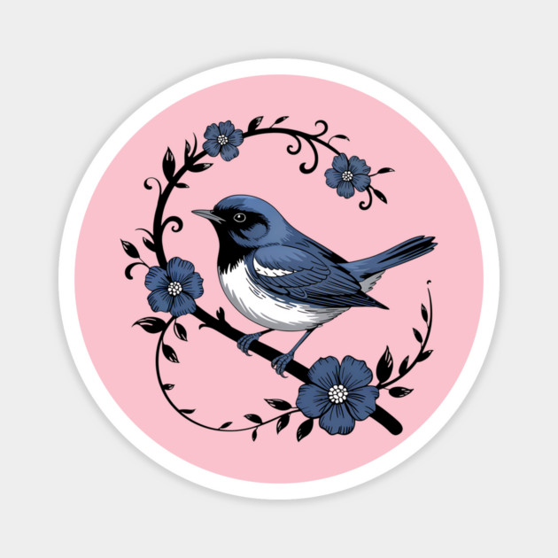 Vintage Floral Black-Throated Blue Warbler Illustration Magnet by BirdsnStuff