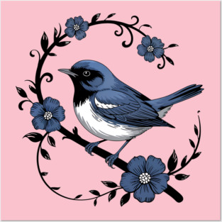 Vintage Floral Black-Throated Blue Warbler Illustration Posters and Art