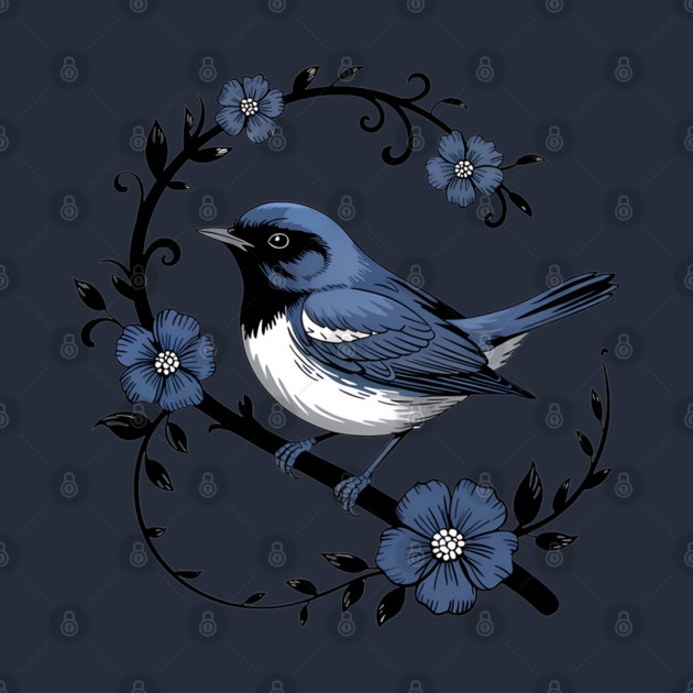 Vintage Floral Black-Throated Blue Warbler Illustration by BirdsnStuff