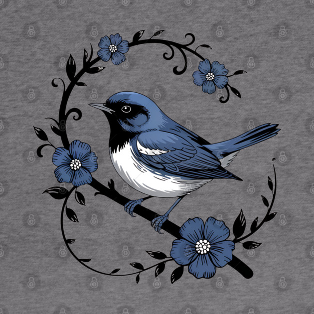 Vintage Floral Black-Throated Blue Warbler Illustration by BirdsnStuff