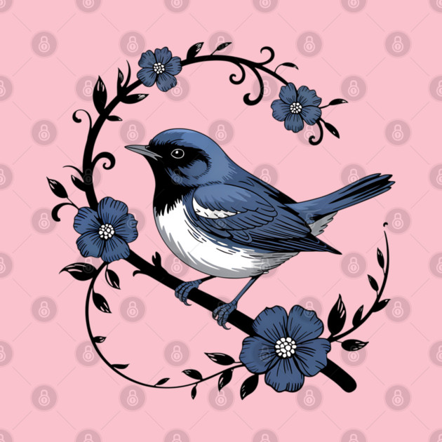 Vintage Floral Black-Throated Blue Warbler Illustration by BirdsnStuff