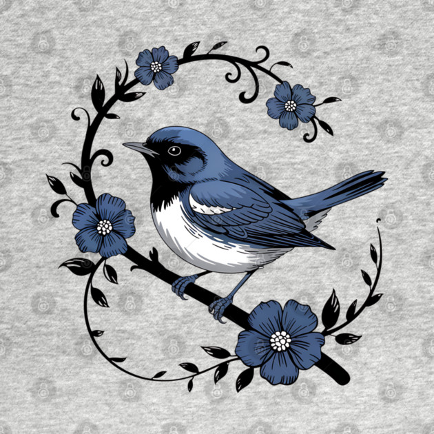 Vintage Floral Black-Throated Blue Warbler Illustration by BirdsnStuff
