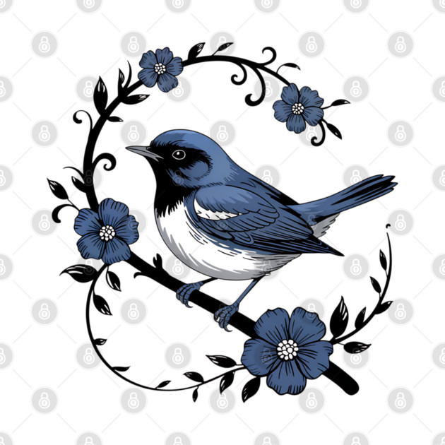 Vintage Floral Black-Throated Blue Warbler Illustration by BirdsnStuff