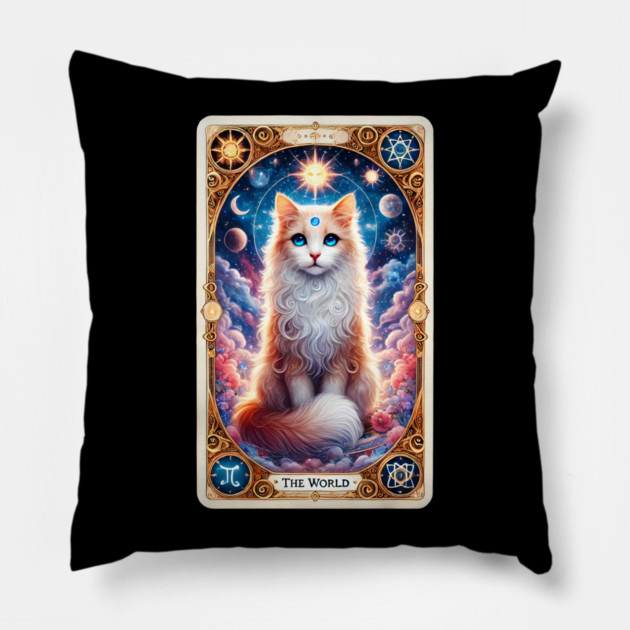 Celestial Cat Tarot – The World Card Fantasy Pillow by Premachandra's Store