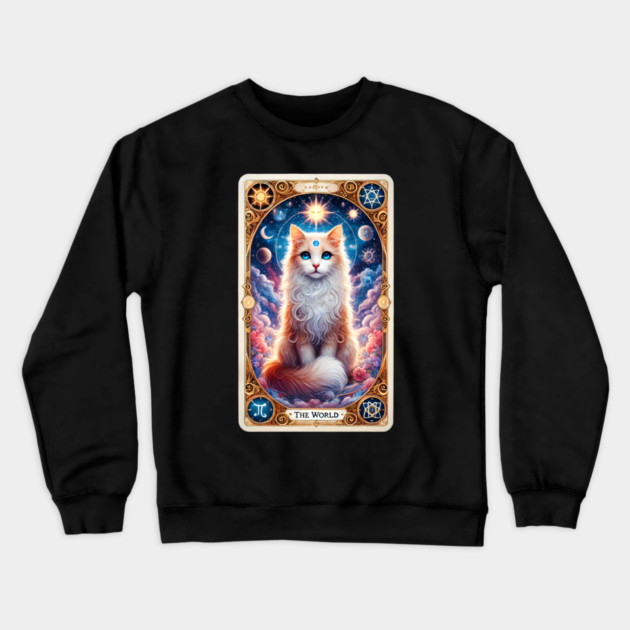 Celestial Cat Tarot – The World Card Fantasy Crewneck Sweatshirt by Premachandra's Store