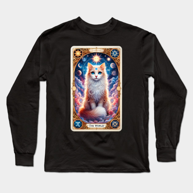 Celestial Cat Tarot – The World Card Fantasy Long Sleeve T-Shirt by Premachandra's Store