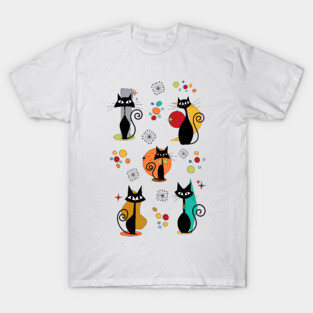 Mid Century Atomic Black Cats - Retro Colorful Feline Art T-Shirt
