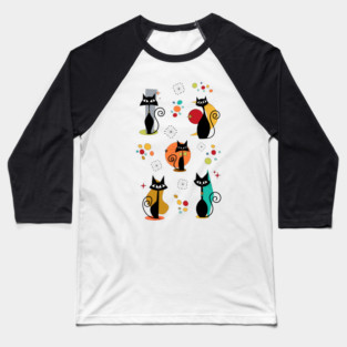 Mid Century Atomic Black Cats - Retro Colorful Feline Art Baseball T-Shirt