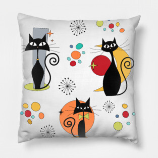 Mid Century Atomic Black Cats - Retro Colorful Feline Art Pillow