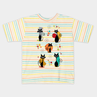 Mid Century Atomic Black Cats - Retro Colorful Feline Art Kids T-Shirt
