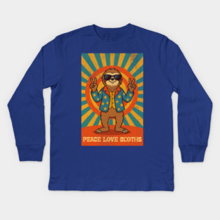 Groovy Peace, Love, and Sloth Vibes – Sloth with Shades and Peace Signs Kids Long Sleeve T-Shirt