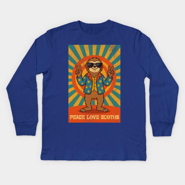 Groovy Peace, Love, and Sloth Vibes – Sloth with Shades and Peace Signs Kids Long Sleeve T-Shirt by DonWillisJrArt