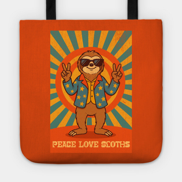 Groovy Peace, Love, and Sloth Vibes – Sloth with Shades and Peace Signs Tote by DonWillisJrArt
