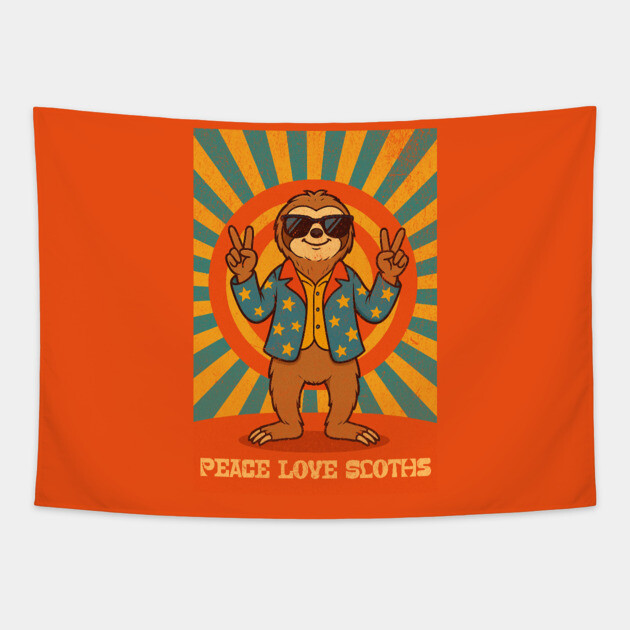 Groovy Peace, Love, and Sloth Vibes – Sloth with Shades and Peace Signs Tapestry by DonWillisJrArt