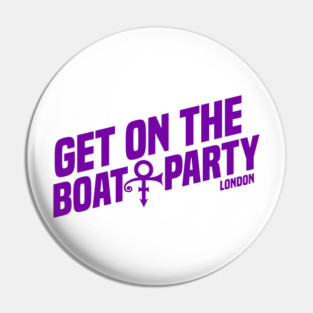 Get On The Boat Party London Silver Full Purple Text T-Shirt Pin