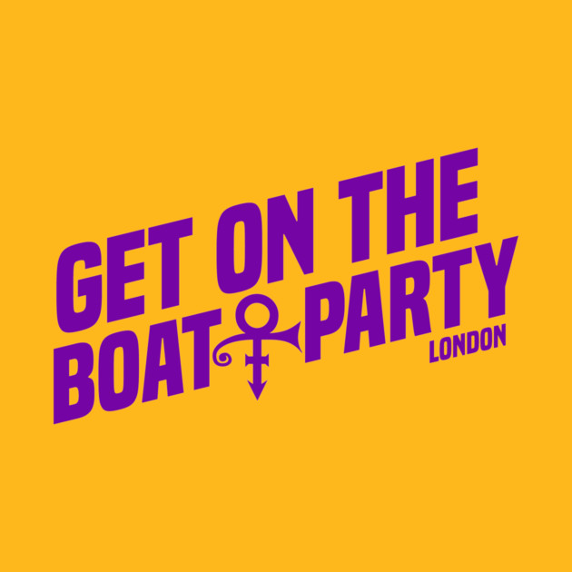 Get On The Boat Party London Silver Full Purple Text T-Shirt by PPUK