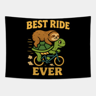 Best Ride Ever | Cute Sloth and Turtle Bicycle Adventure Funny Cartoon Tapestry