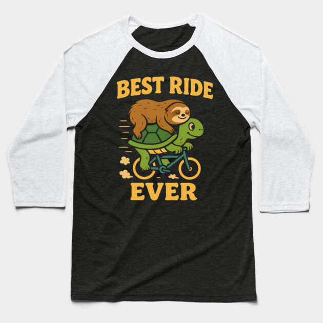 Best Ride Ever | Cute Sloth and Turtle Bicycle Adventure Funny Cartoon Baseball T-Shirt by Hobby Helpers Merch