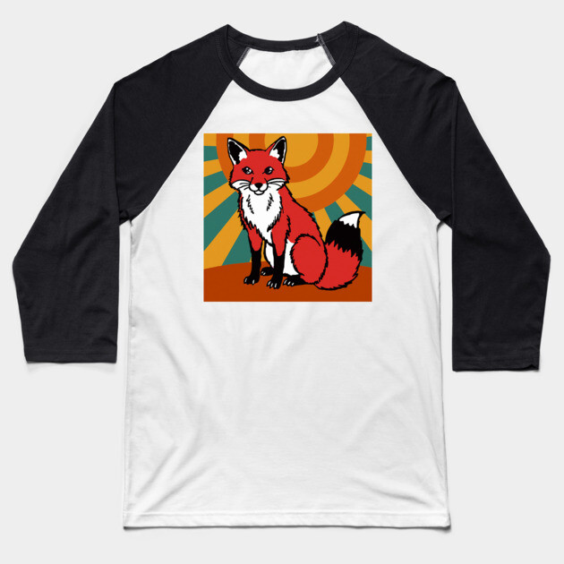 Retro Sunshine Fox – Groovy Woodland Vibes Baseball T-Shirt by DonWillisJrArt